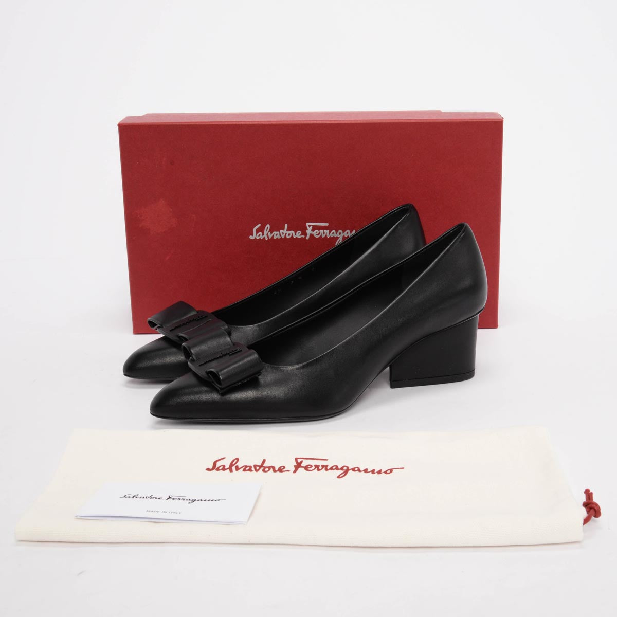 Ferragamo Black Lambskin Viva Bow Pumps 7.5