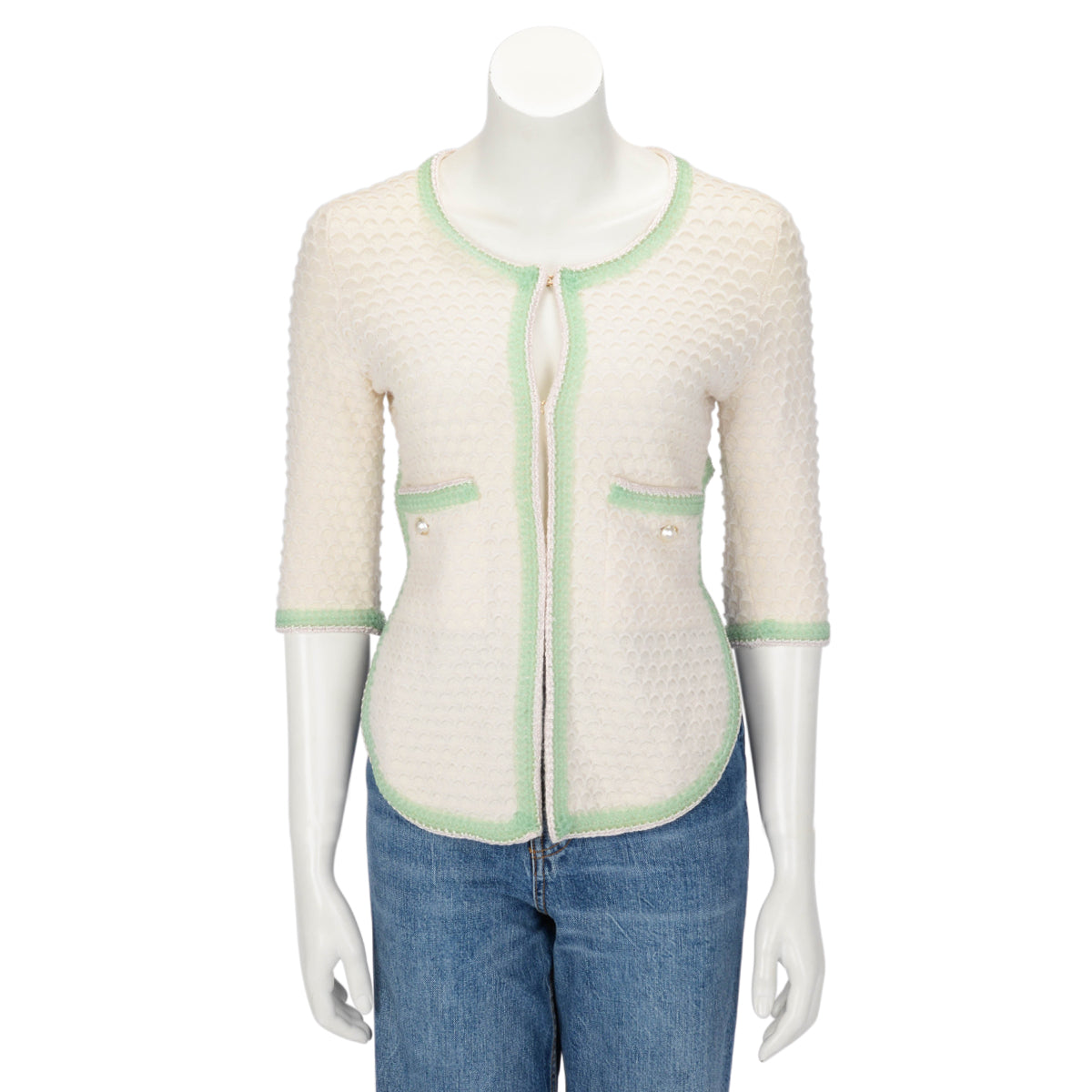 Chanel Cream Cashmere Scale-Knit Tie Cardigan FR 34