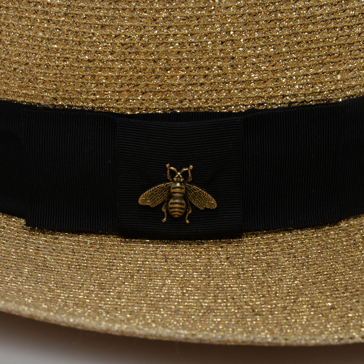 Gucci Gold Straw Bee Embellished Boater Hat