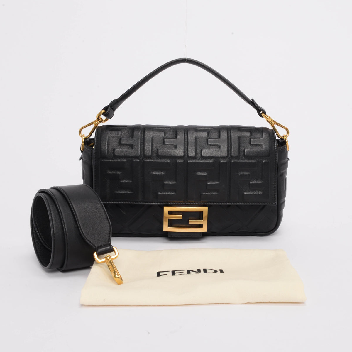 Fendi Black Nappa Leather FF 1974 Embossed Baguette