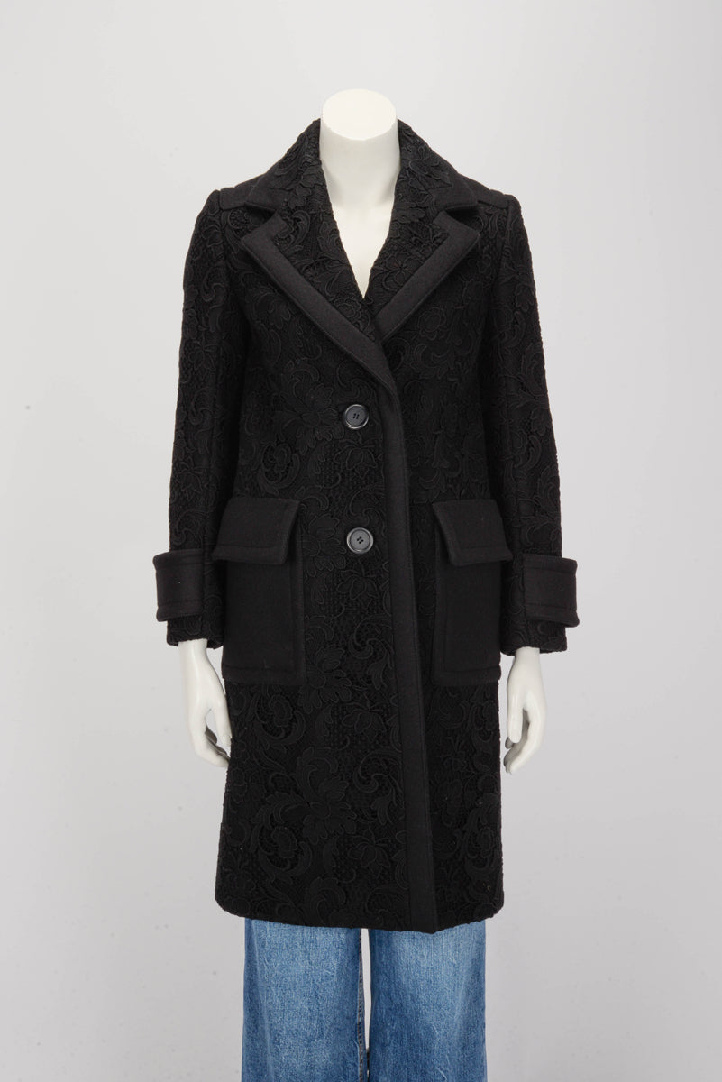 Miu Miu Black Wool Lace Overlay Coat IT 36