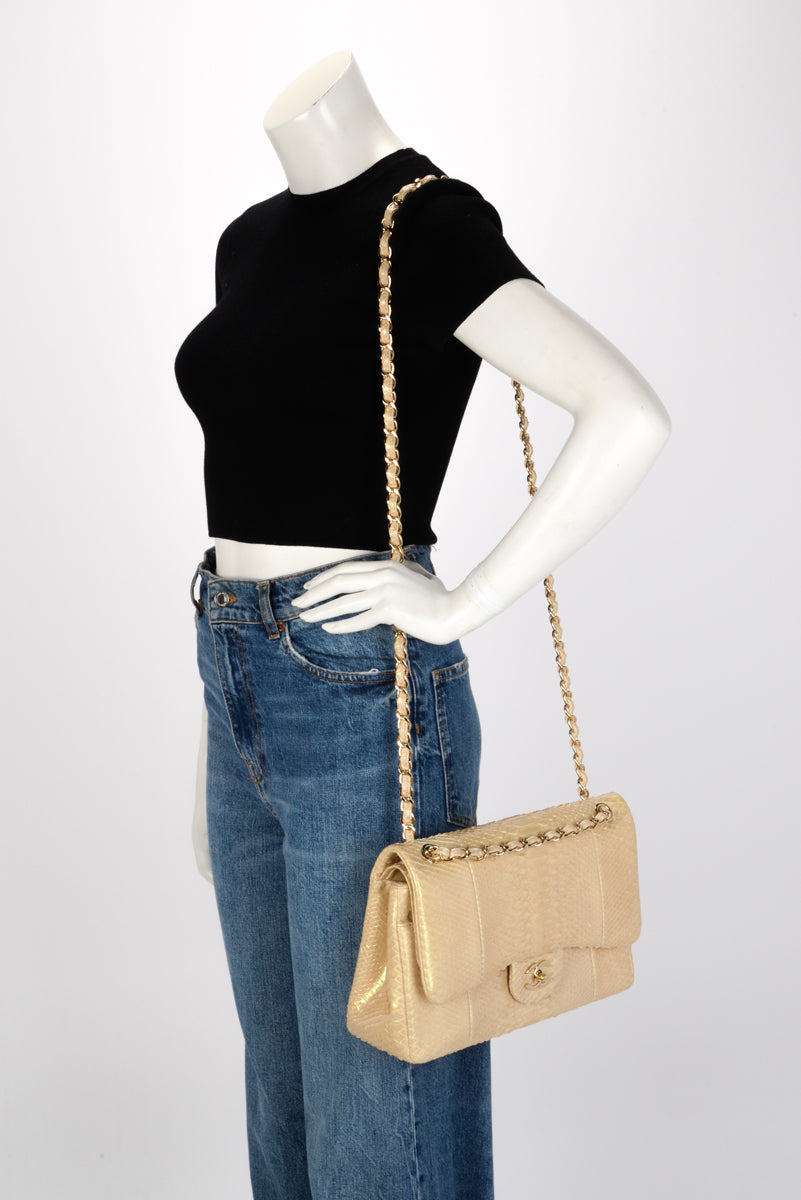 Chanel Light Beige Iridescent Python Large Double Flap Bag