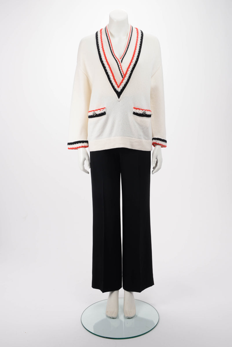 Chanel Cream Cashmere V-Neck Braided Trim Sweater FR 36