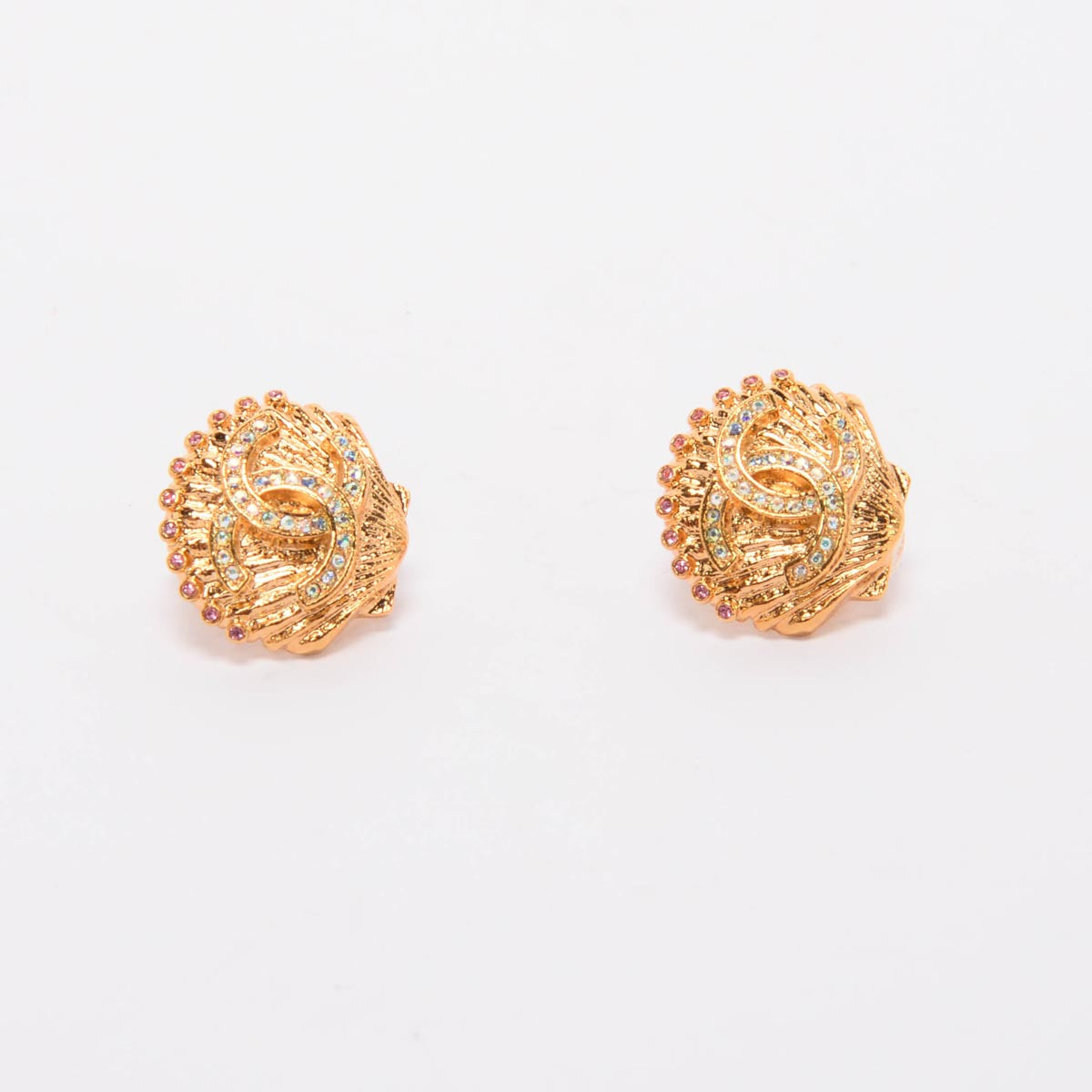 Chanel Gold Crystal CC Shell Clip-On Earrings