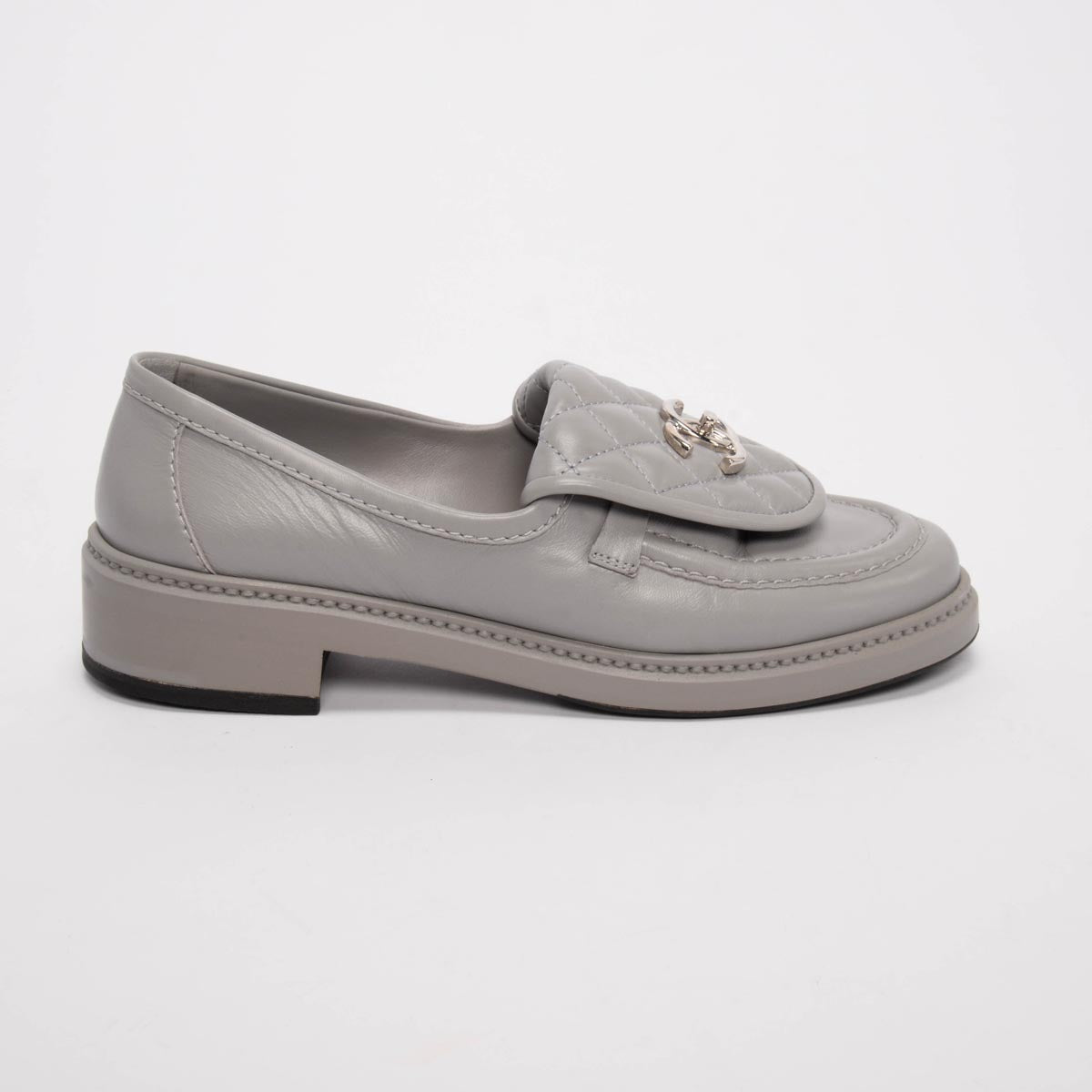 Chanel Grey Lambskin CC Turnlock Loafers 37.5