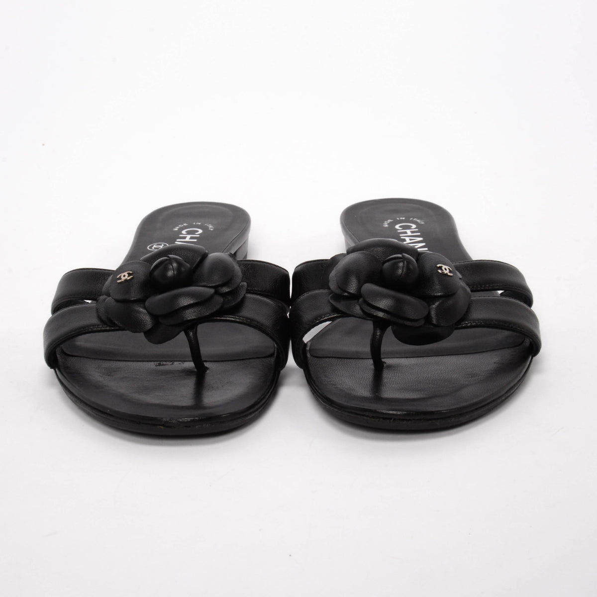 Chanel Black Lambskin Camellia Thong Sandals 38.5