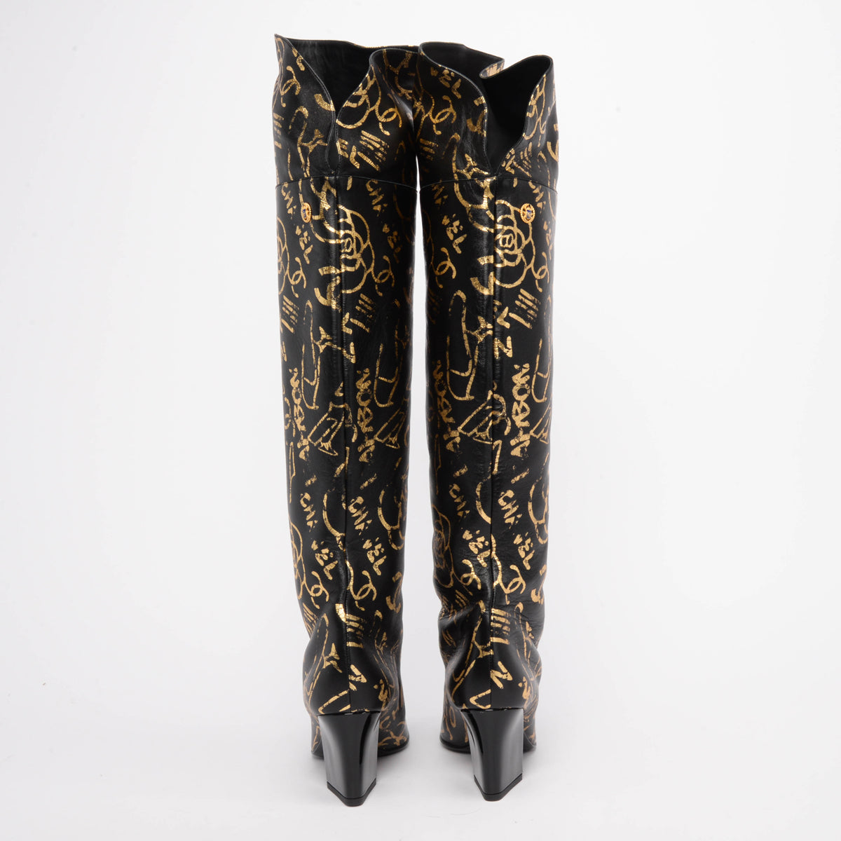 Chanel Black & Gold Lambskin Grafitti Boots 39