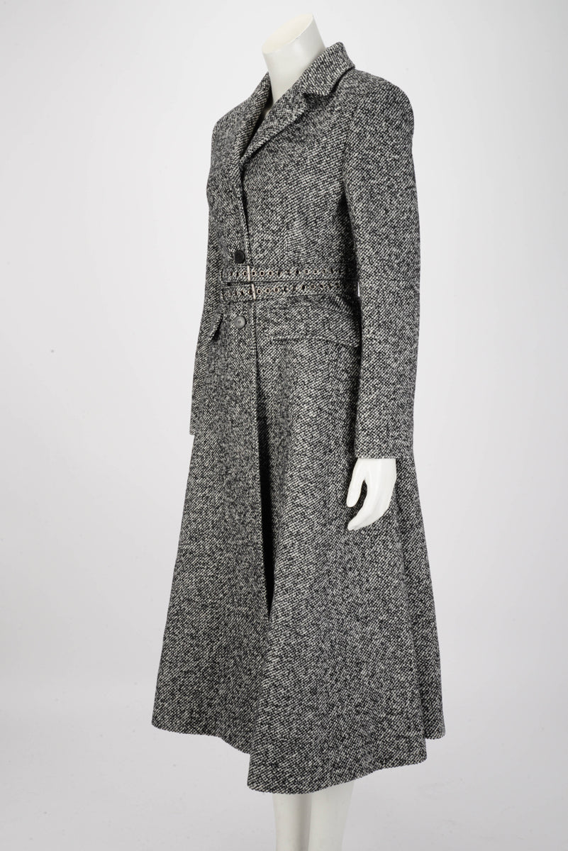 Dior Black & White Wool Tweed Belted Coat FR 40