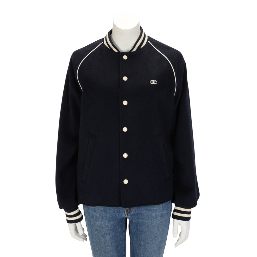 Celine Dark Navy Wool Triomphe Teddy Jacket FR 38