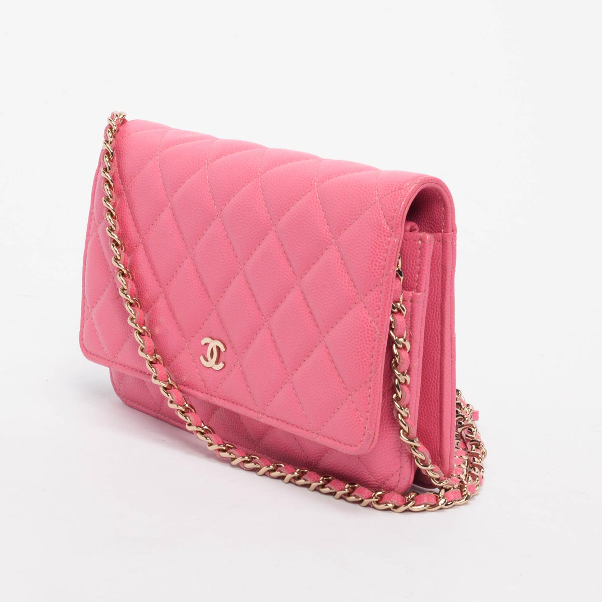 Chanel Pink Quilted Caviar Classic Wallet On Chain