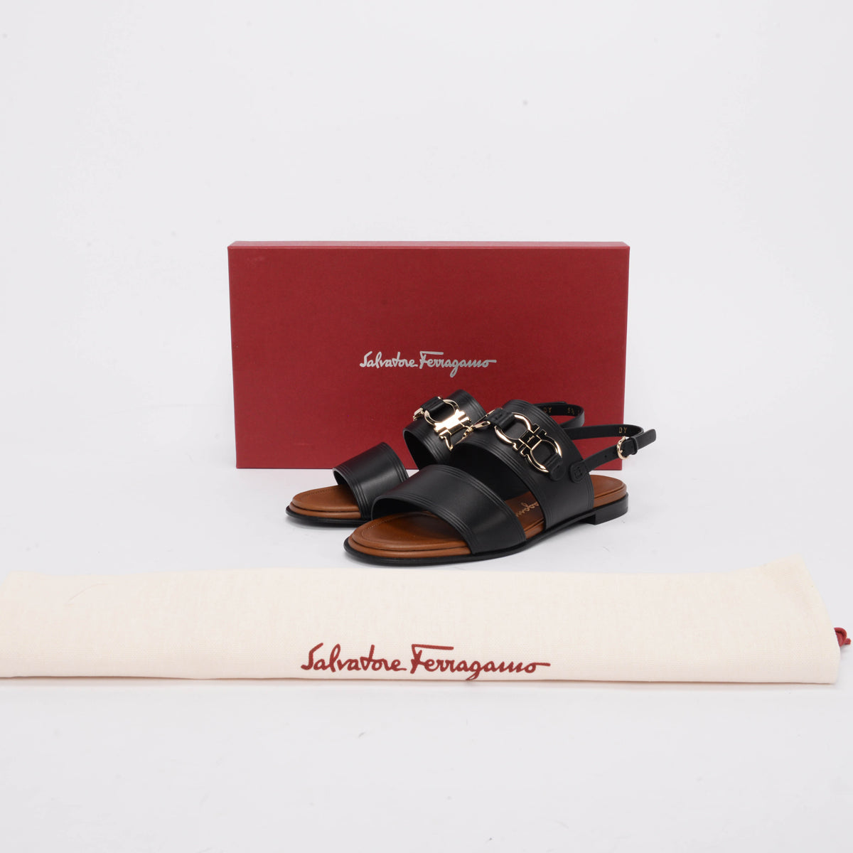 Ferragamo Black Calfskin Chaim Sandals 5.5