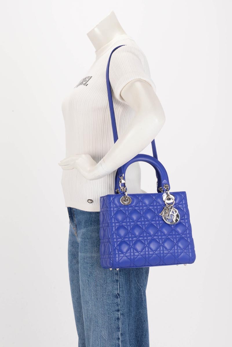 Dior Bright Blue Lambskin Cannage Medium Lady Dior