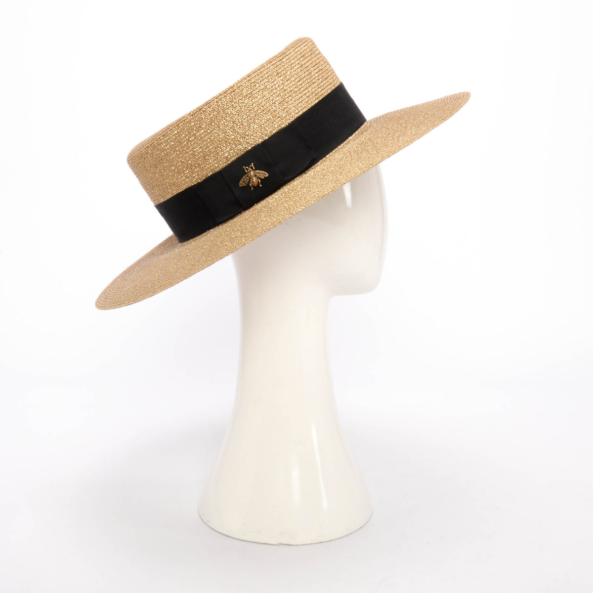 Gucci Gold Straw Bee Embellished Boater Hat