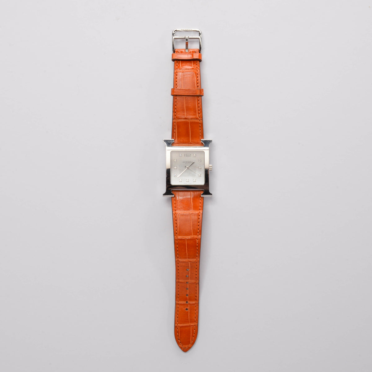 Hermes Orange Stainless Steel Diamond MOP Heure H TGM Watch