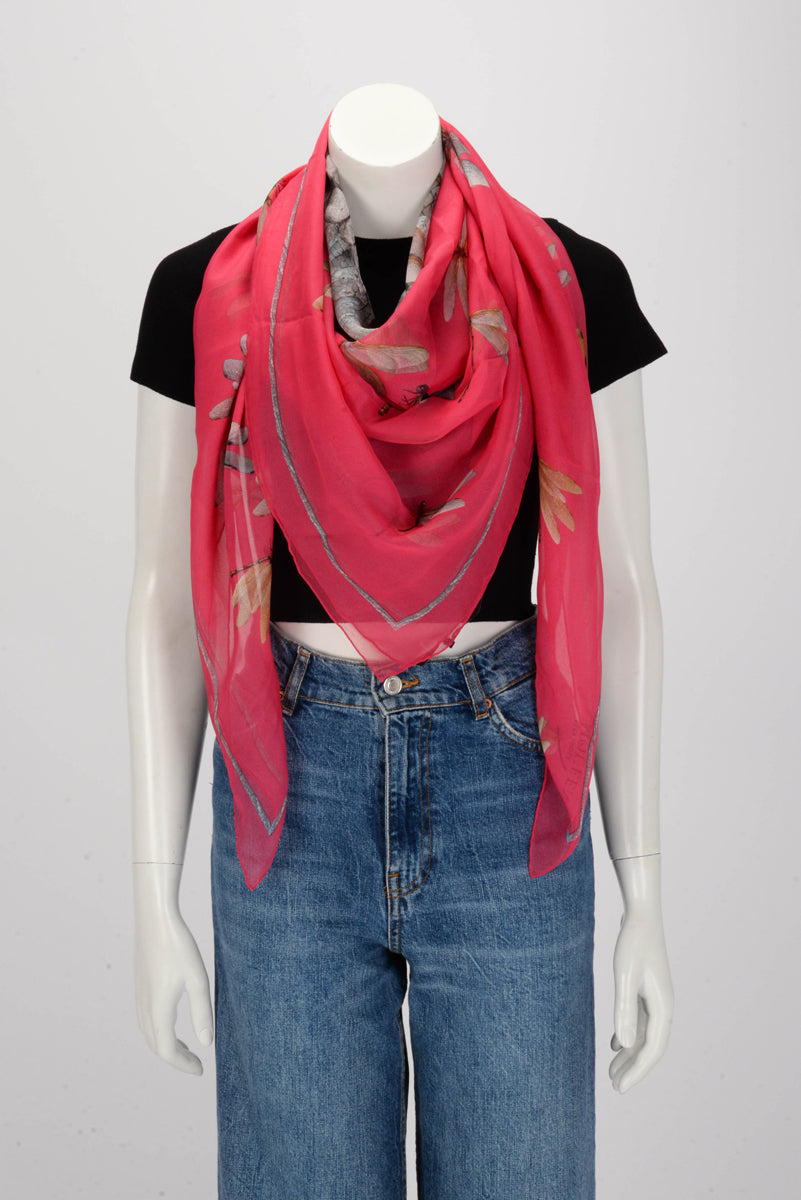 Alexander McQueen Pink Chiffon Dragonfly Skull Scarf