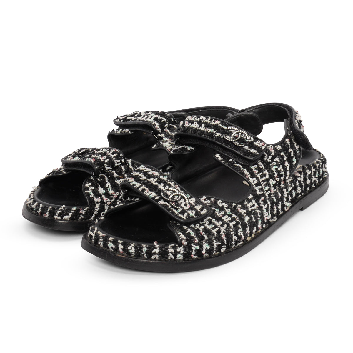 Chanel Black & White Tweed Crystal CC Dad Sandals 38.5