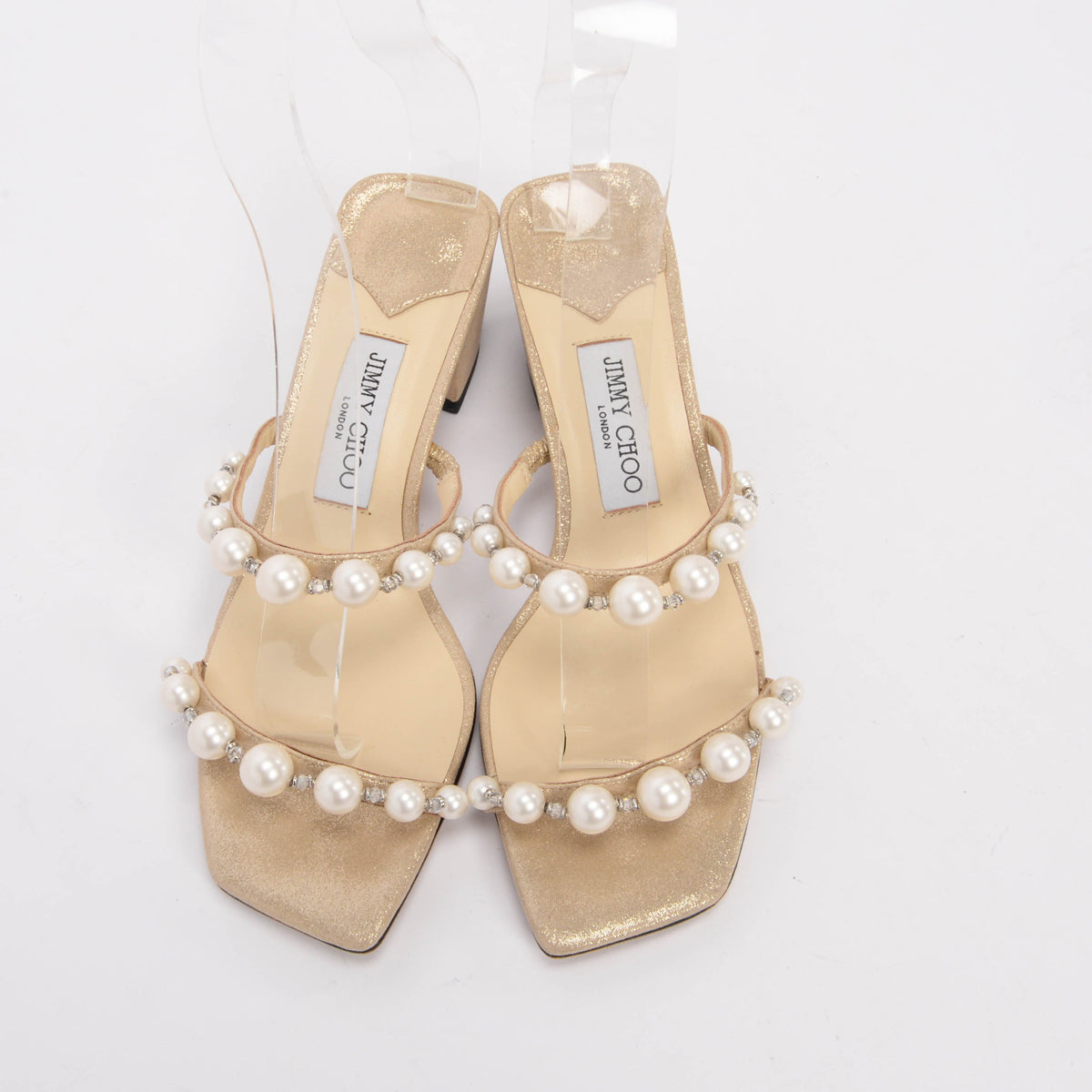 Jimmy Choo Gold Shimmer Suede Pearl Embellished Amara Sandals 38