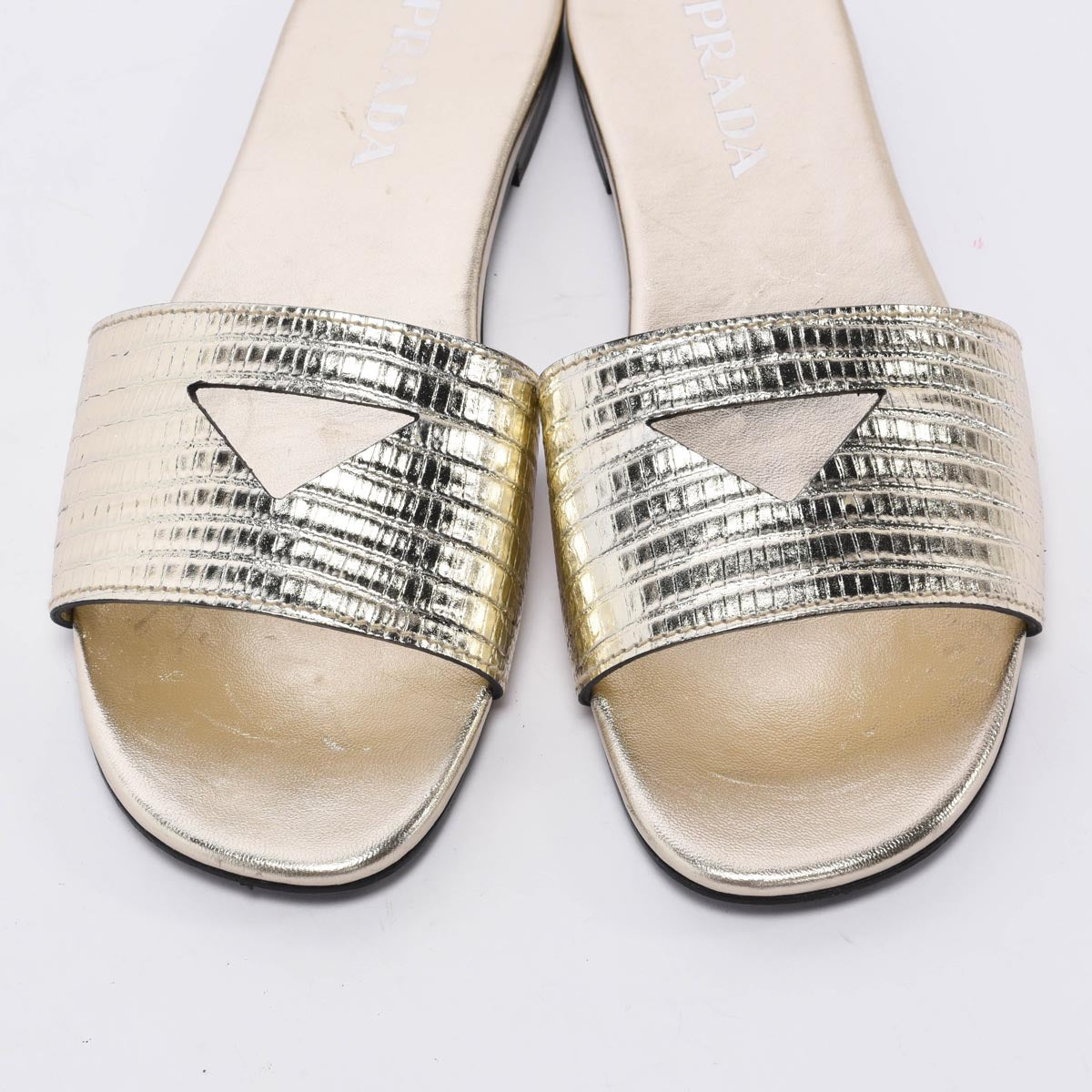 Prada Light Gold Lizard St Tejus Slides 40