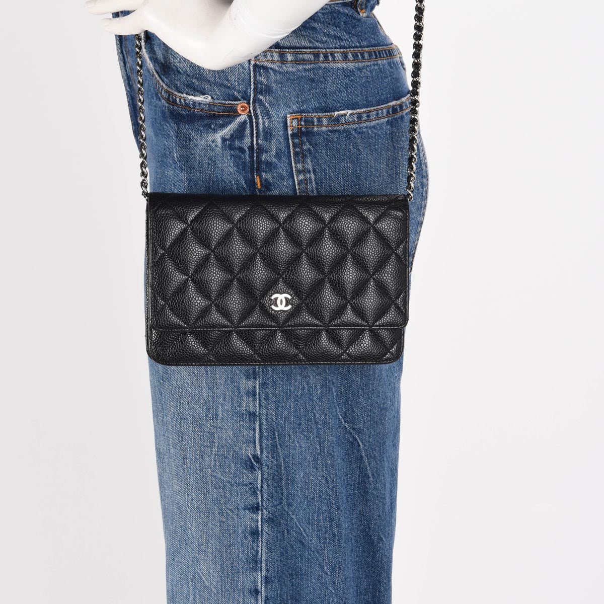 Chanel Black Quilted Caviar Classic Wallet On Chain
