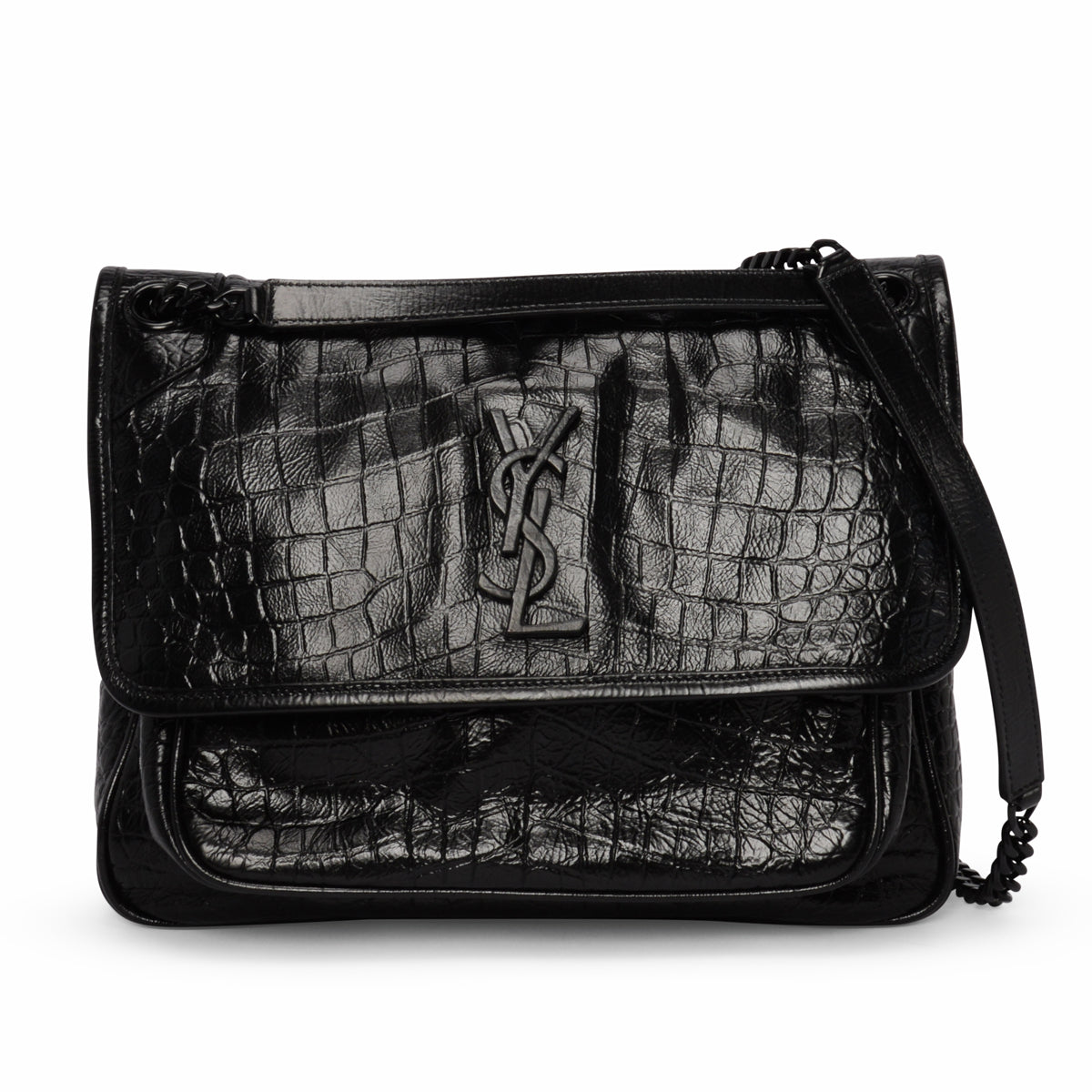 Saint Laurent Black Croc Embossed Medium Niki Bag