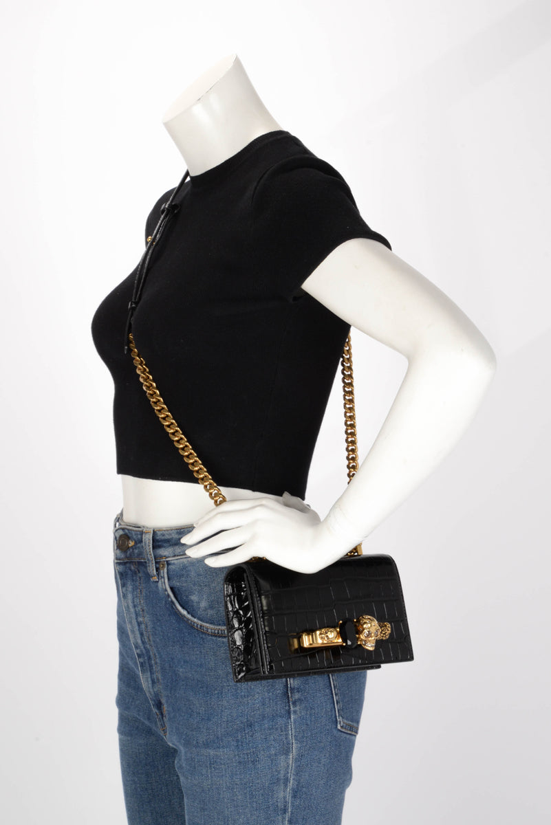 Alexander McQueen Black Croc Embossed Jewelled Skull Satchel Mini Bag