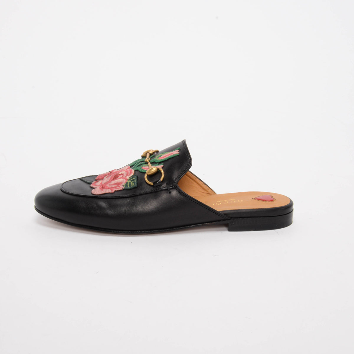 Gucci Black Calfskin Rose Embroidered Princetown Slippers 38