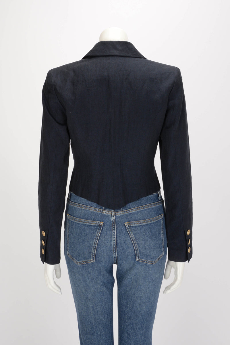 Chanel Navy Linen Cropped Military Jacket FR 38