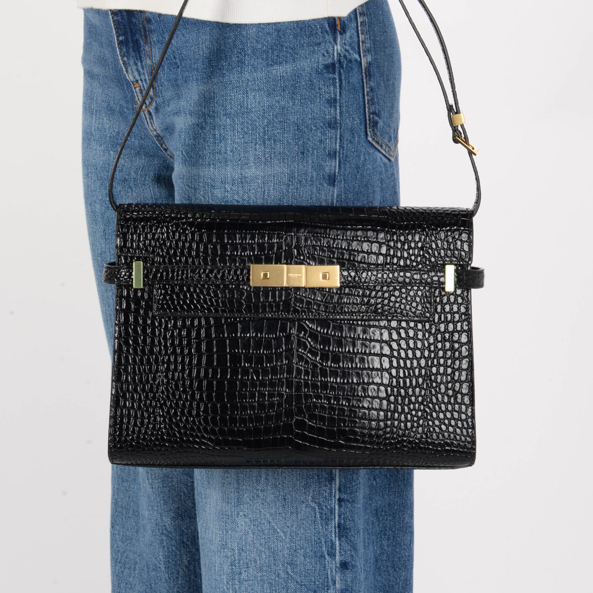 Saint Laurent Black Croc Embossed Medium Manhattan Shoulder Bag