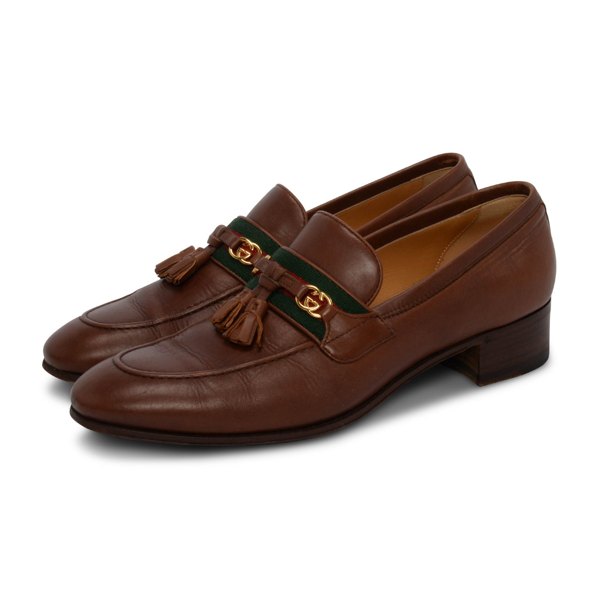Gucci Brown Leather Paride Web Stripe Loafers 39.5