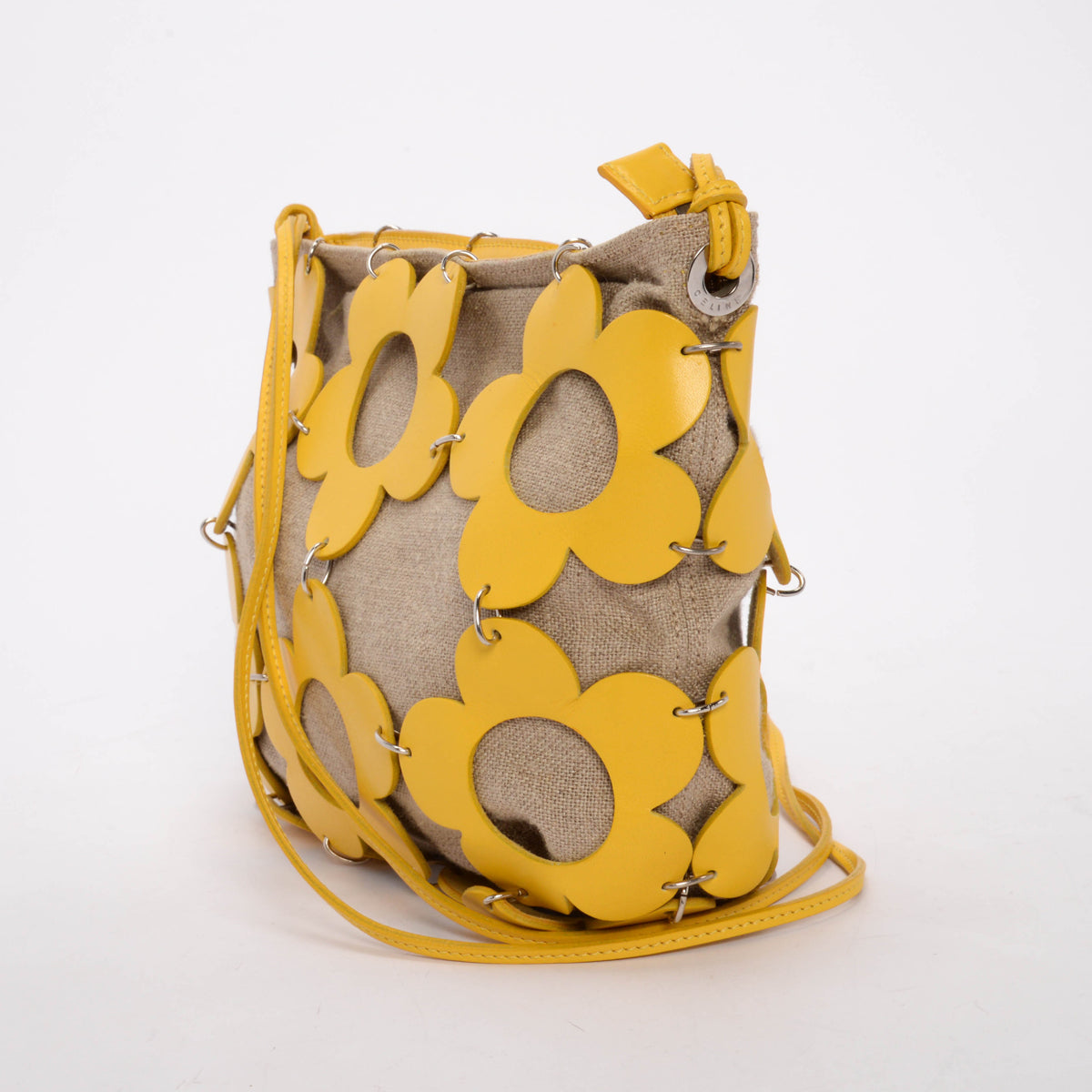 Celine Vintage Yellow Canvas & Calfskin Cutout Flower Bag