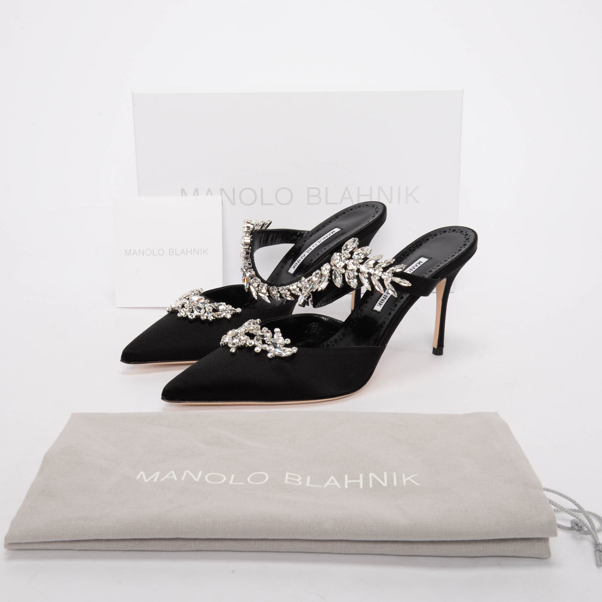 Manolo Blahnik Black Satin & Crystal Lurum Pumps 39.5