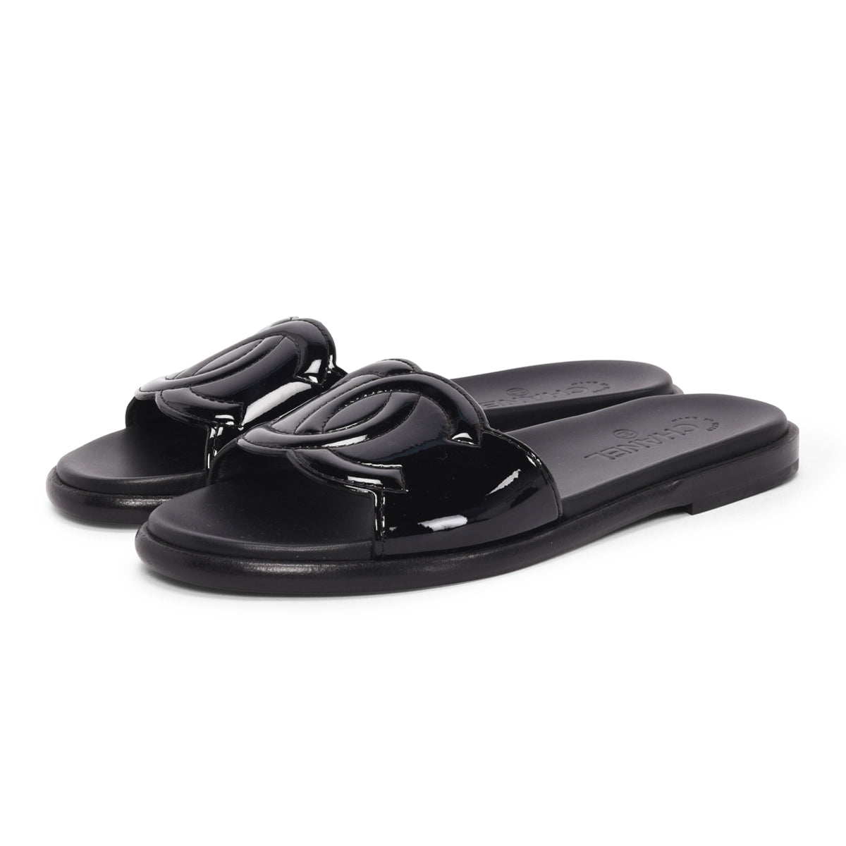 Chanel Black Patent Leather CC Slides 40