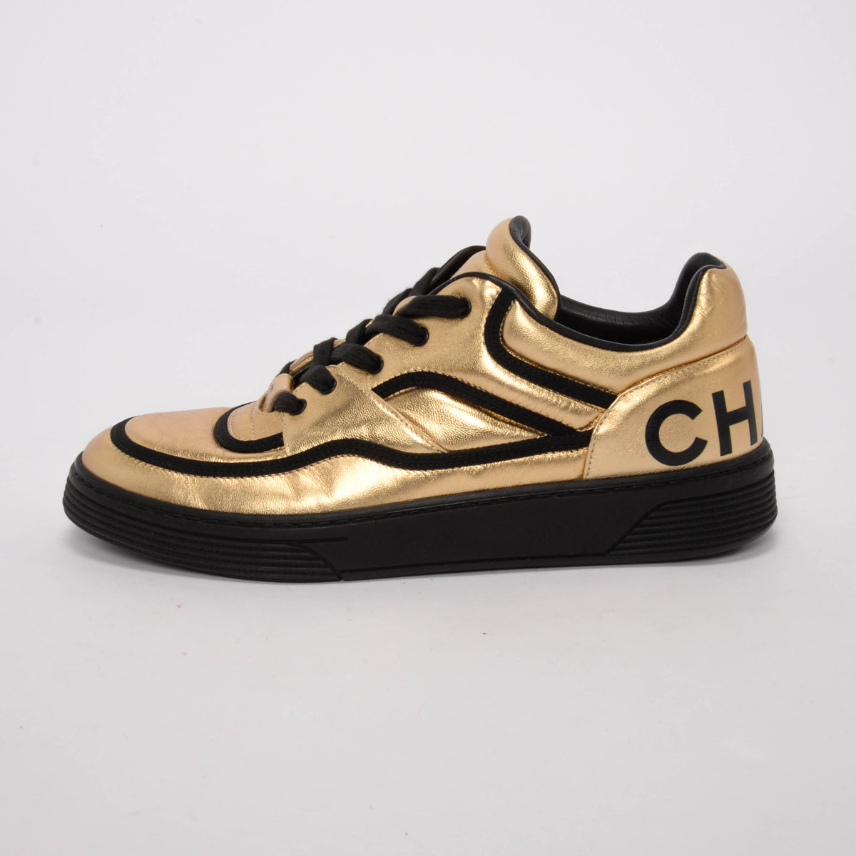 Chanel Gold Metallic Lambskin CC Logo Sneakers 40