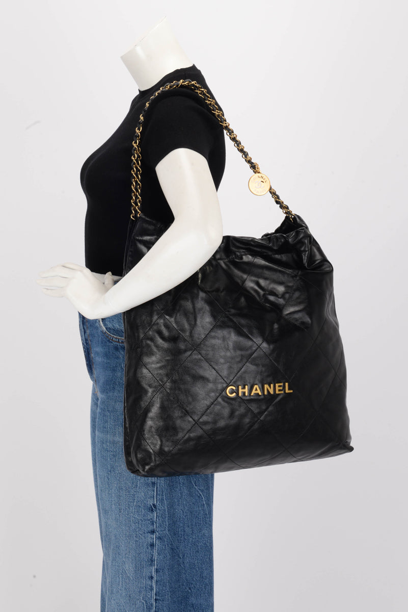 Chanel Black Shiny Calfskin Large 22 Bag