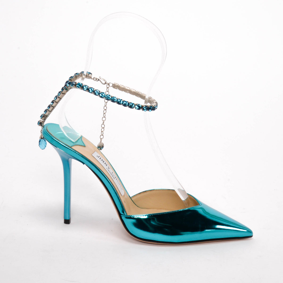 Jimmy Choo Blue Metallic Leather Crystal Saeda Pumps 38.5
