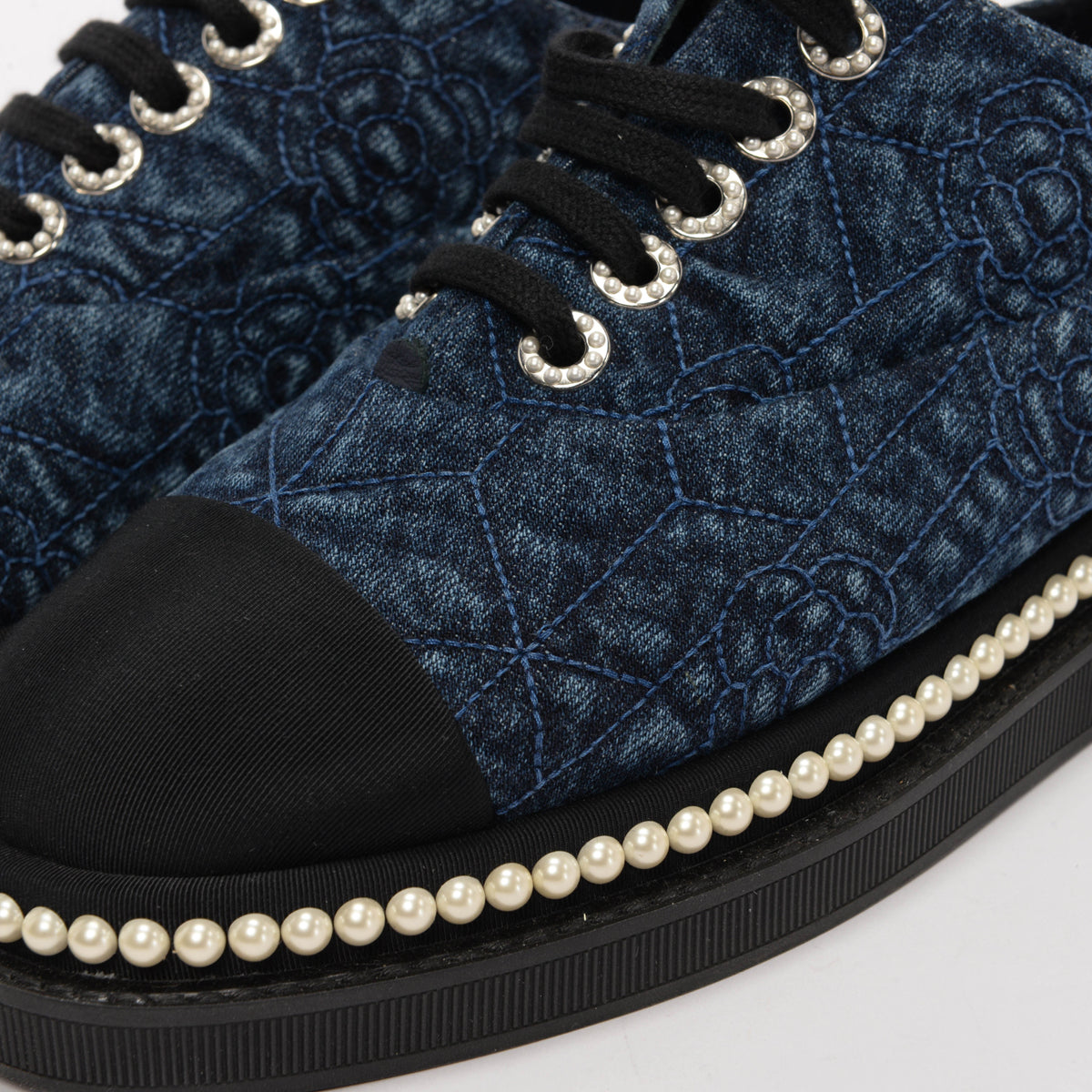 Chanel Denim & Pearl Camellia Stitch Detail Sneakers 38