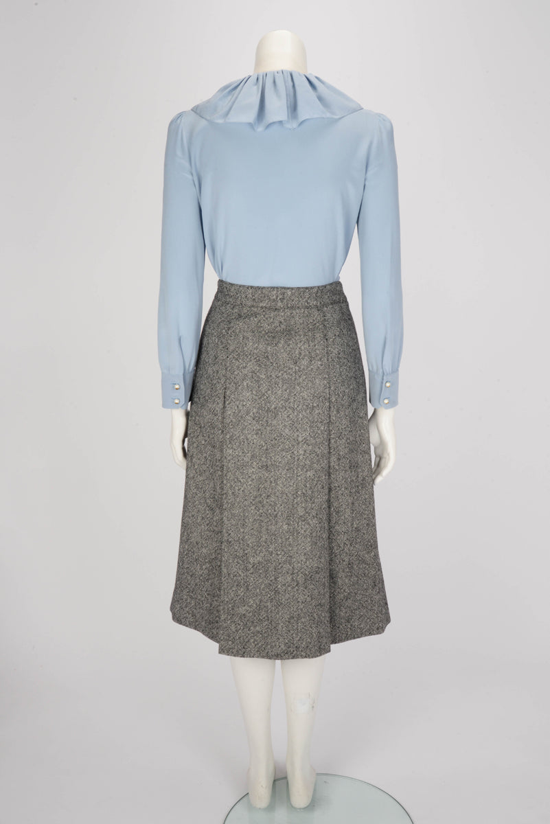 Celine Black & White Wool Tweed Buckle Detail Pleated Skirt FR 36