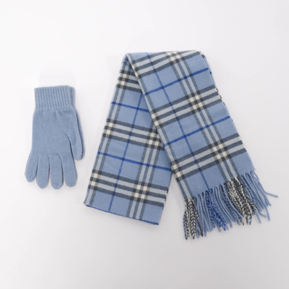 Burberry Blue Wool Blend Nova Check Scarf + Gloves