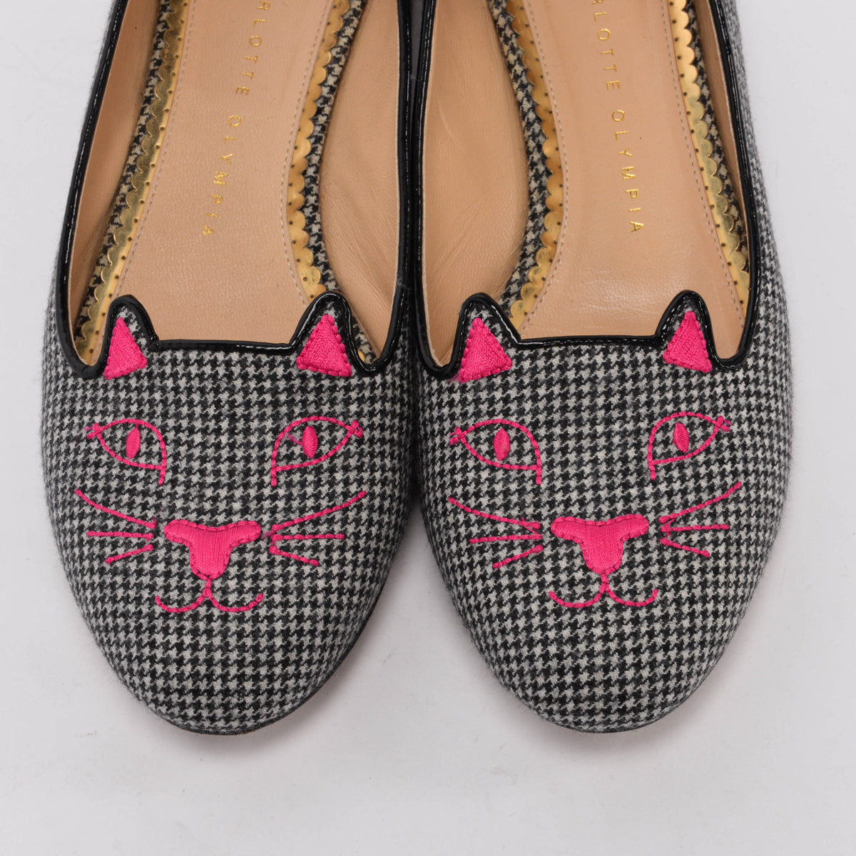 Charlotte Olympia Black & White Houndstooth Kitty Loafers 39