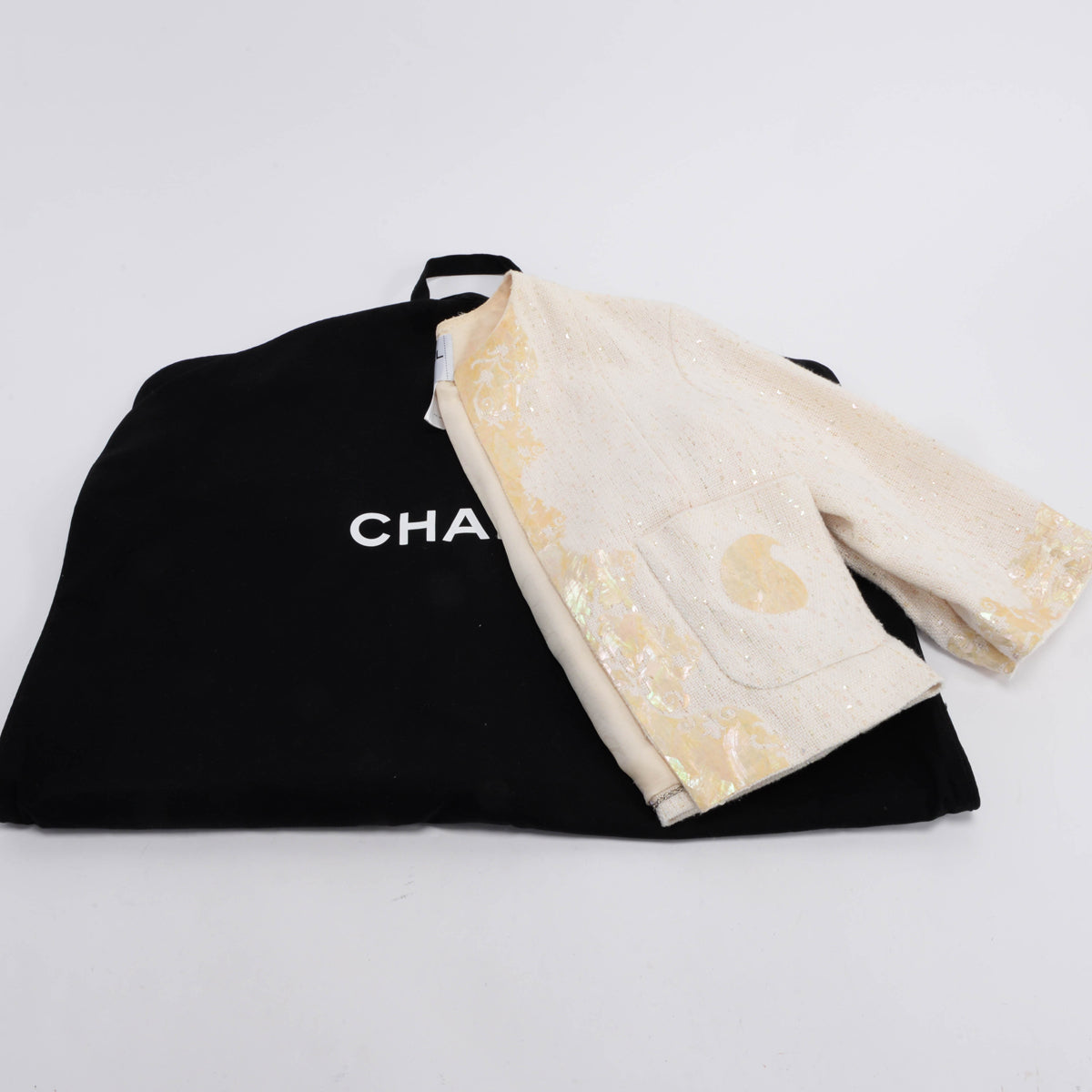 Chanel Cream Sequin Tweed Seashell Mosaic Jacket FR 38