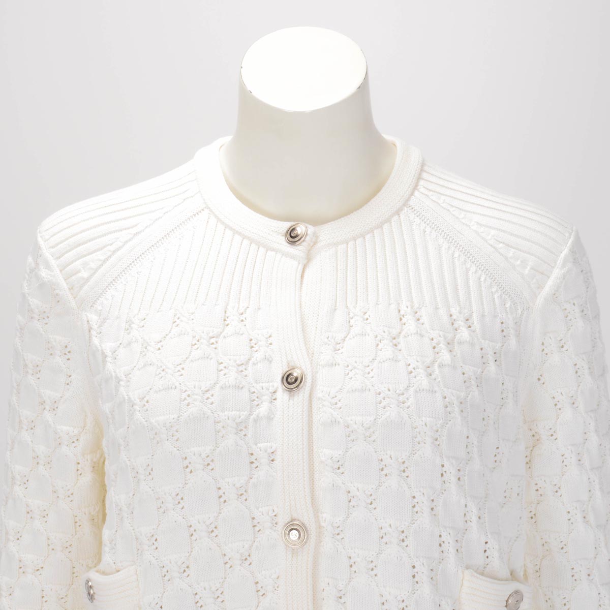 Chanel White Crochet Knit Four Pocket Cardigan FR 48