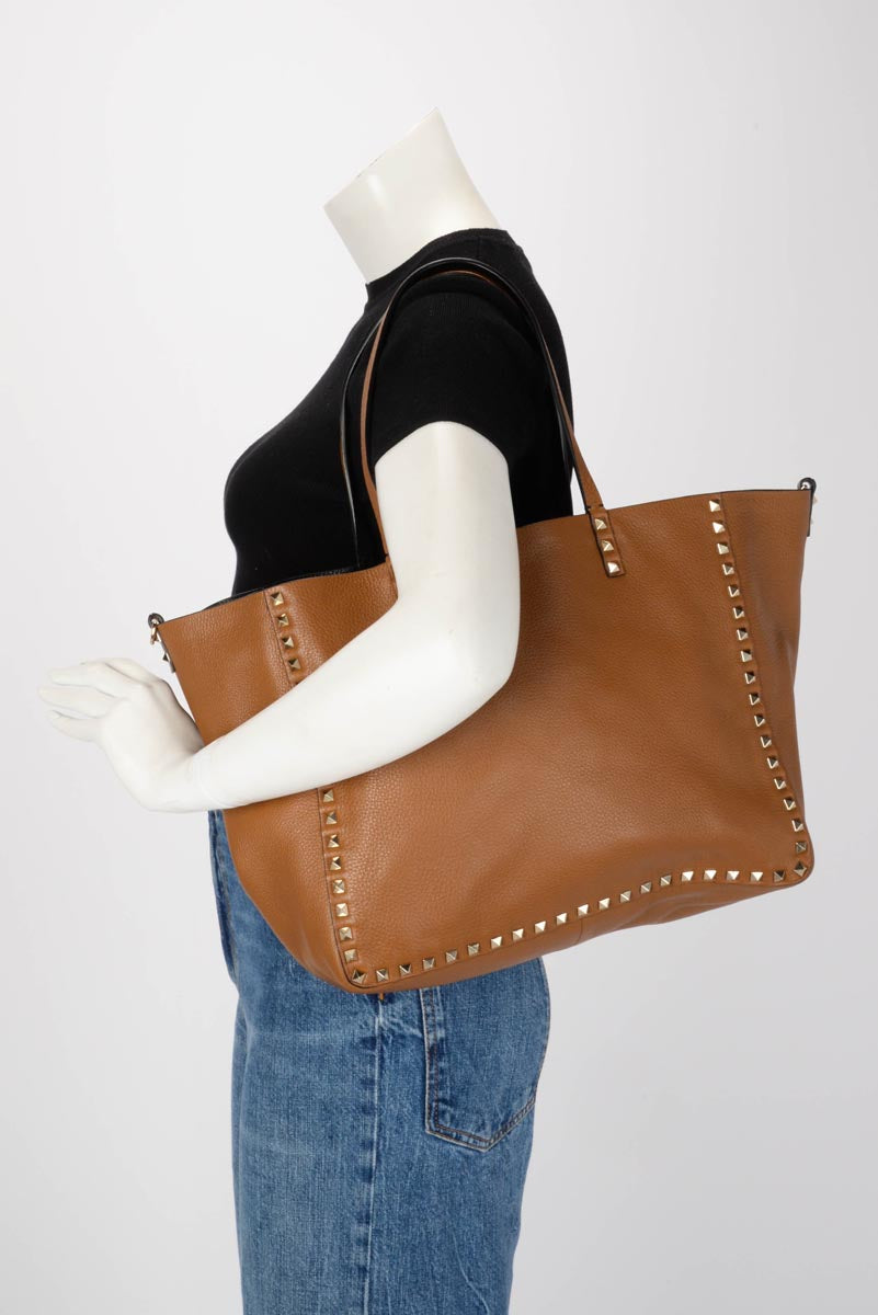 Valentino Black & Tan Grained Calfskin Reversible Rockstud Tote