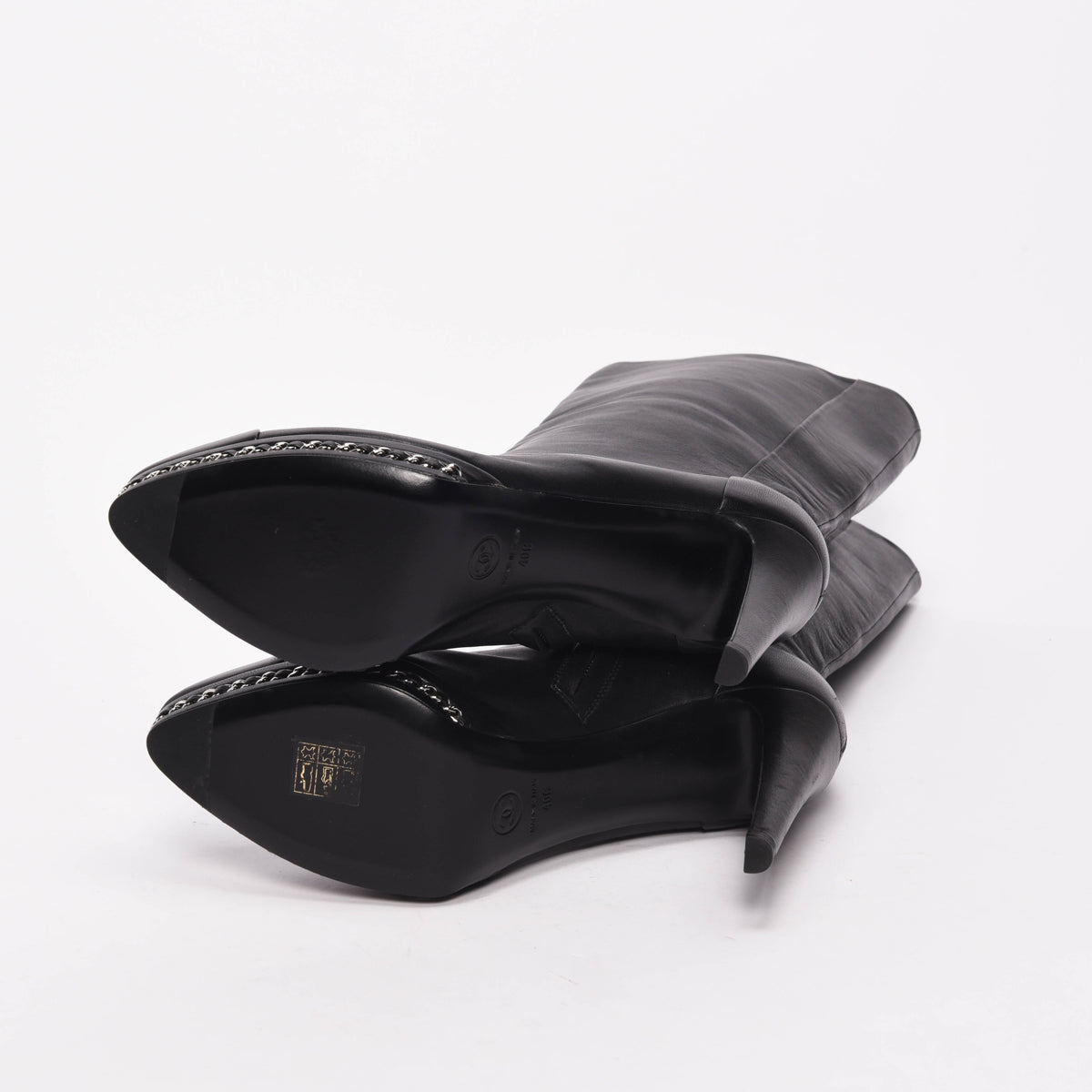 Chanel Black Lambskin CC Cap Toe Knee High Boots 40