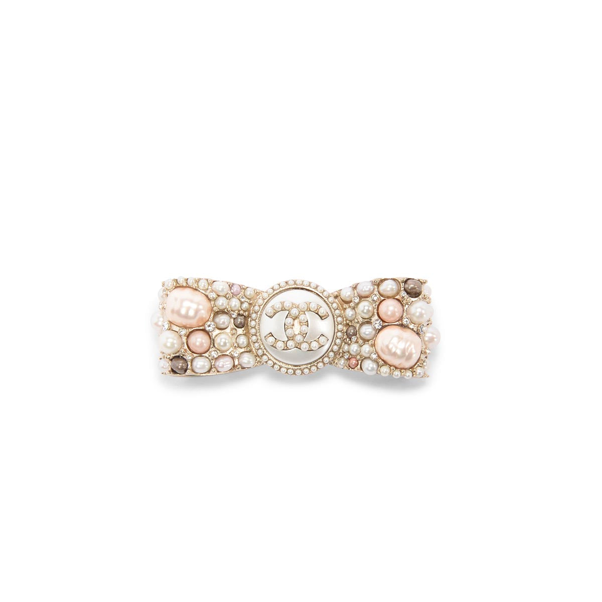 Chanel Light Gold Pearl CC Bow Brooch