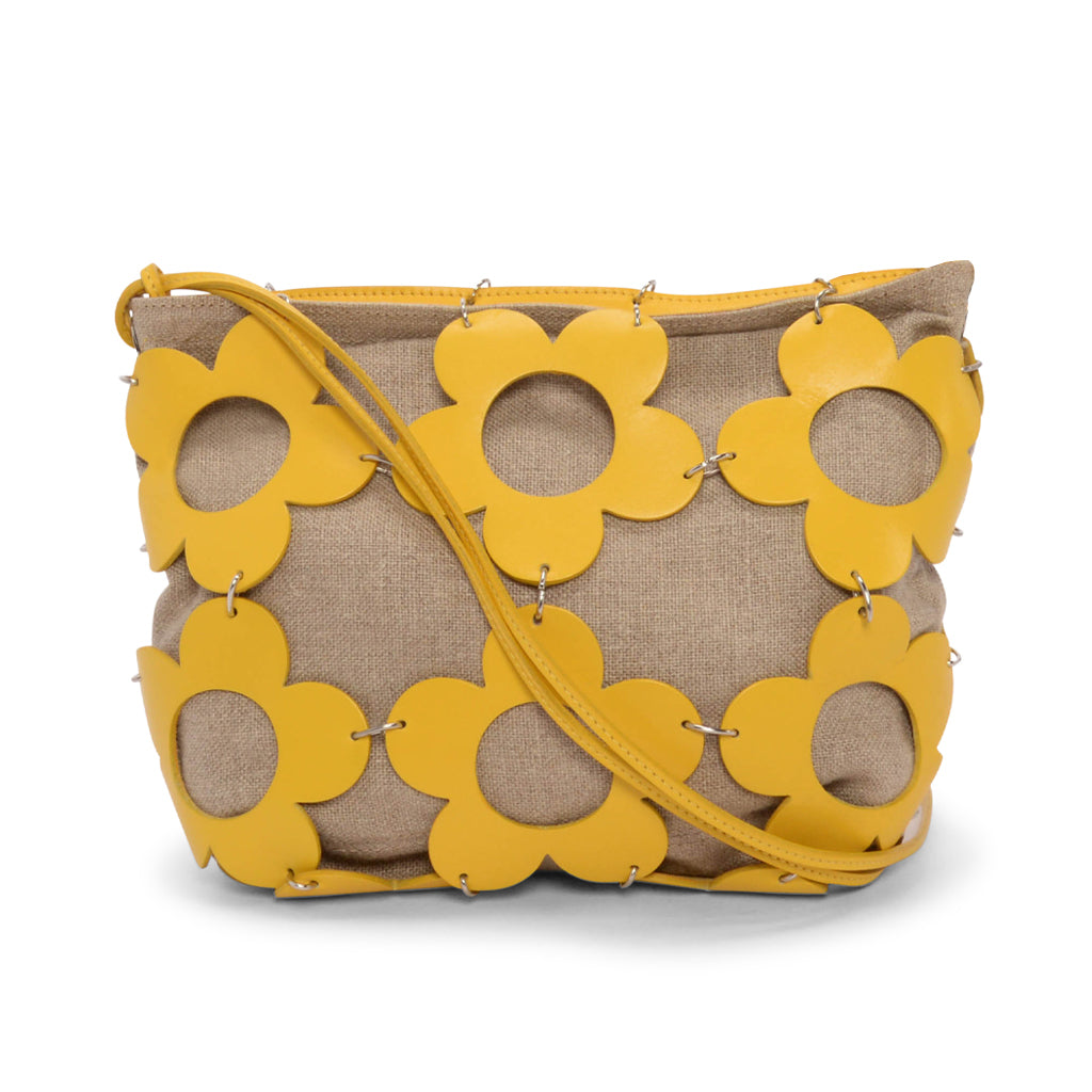 Celine Vintage Yellow Canvas & Calfskin Cutout Flower Bag