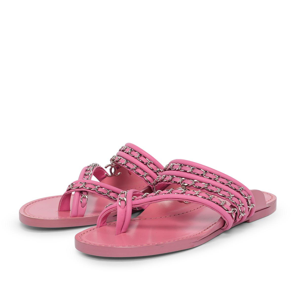 Chanel Pink Calfskin CC Chain Thong Sandals 38