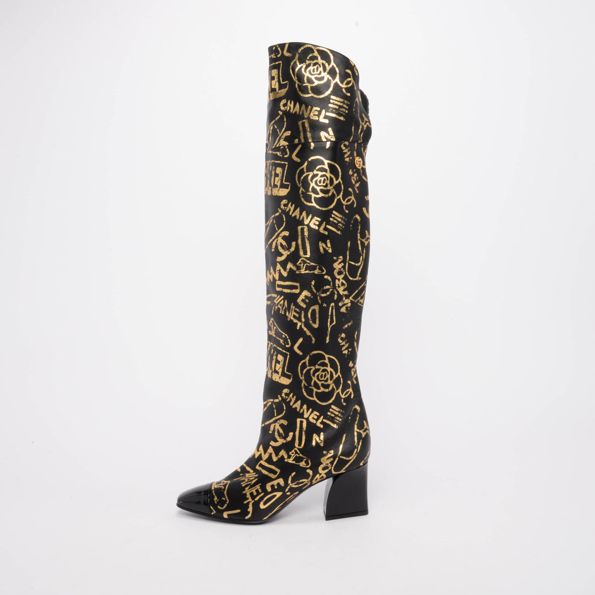 Chanel Black & Gold Lambskin Grafitti Boots 39