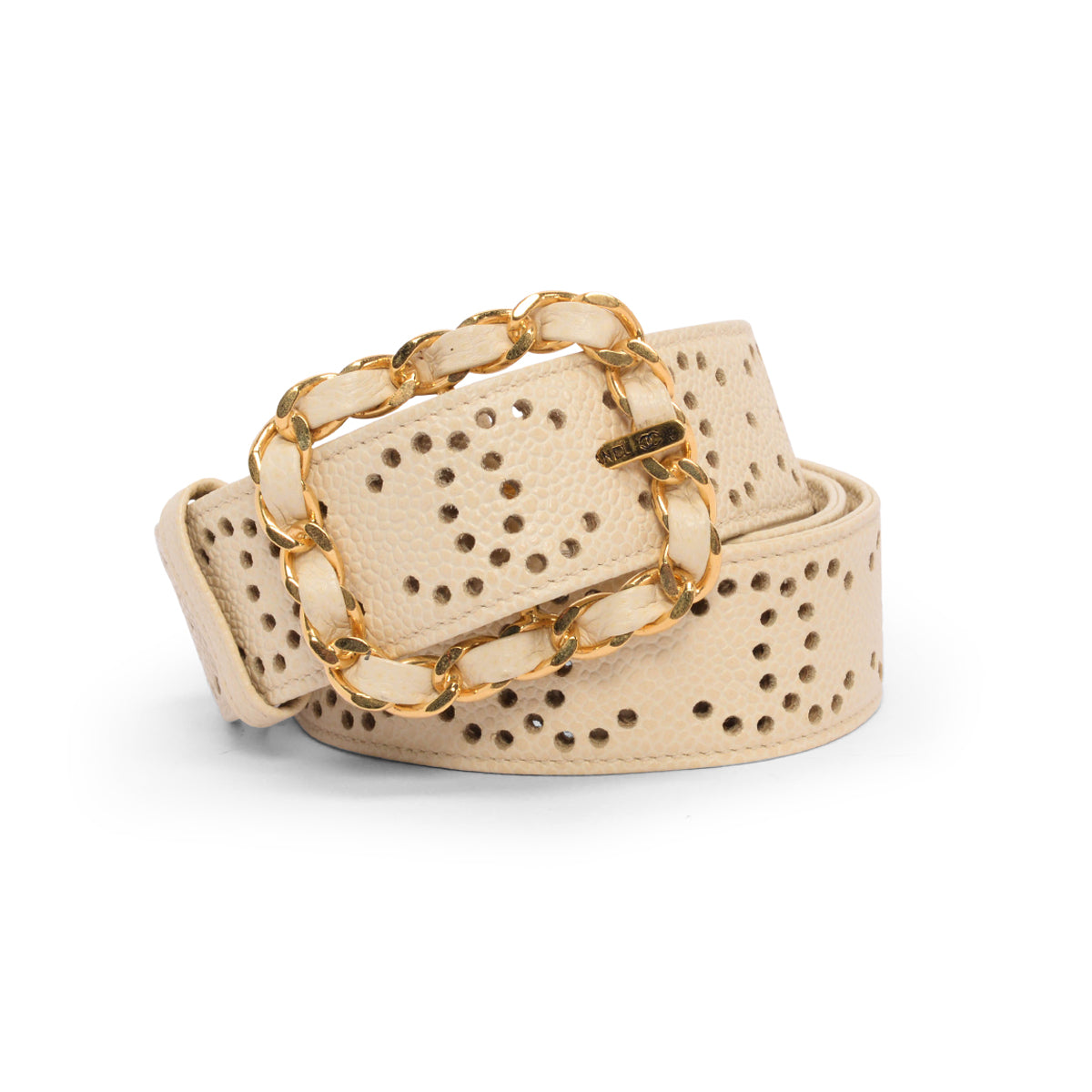 Chanel Cream Caviar Leather Perforated CC Belt