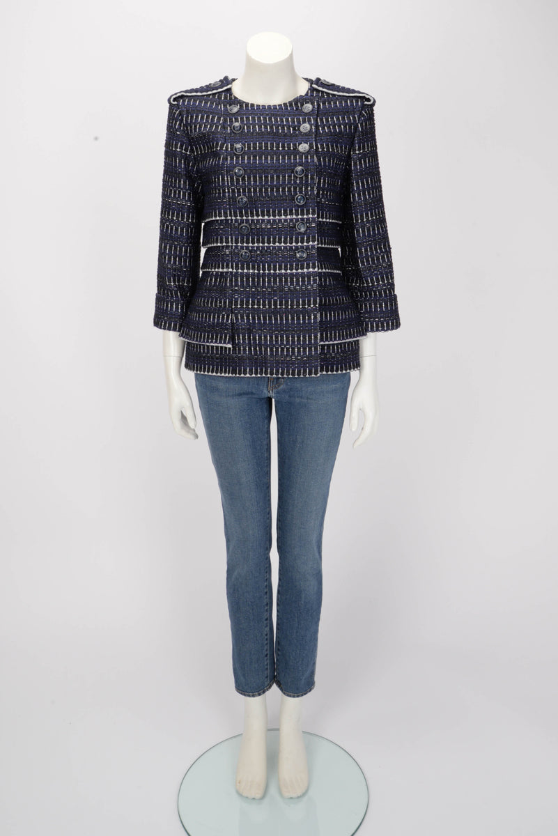 Chanel Blue & Black Striped Tweed Military Style Jacket FR 42