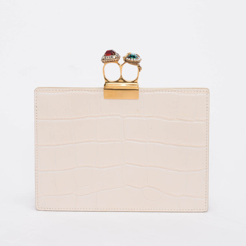 Alexander McQueen Cream Croc Embossed Double Ring Clutch - Blue Spinach